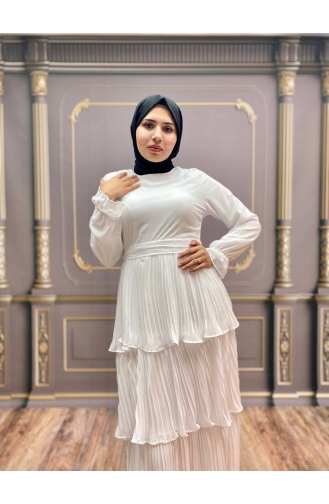 White Hijab Evening Dress 8002-02