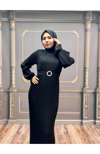 Black Hijab Evening Dress 8045-04