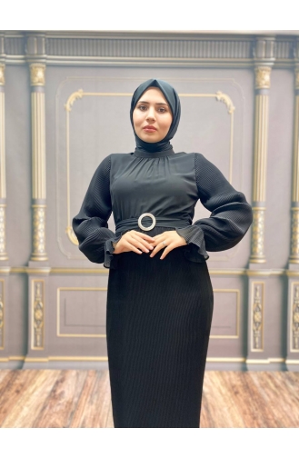 Black Hijab Evening Dress 8045-04