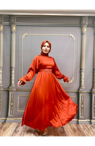 Brick Red Hijab Evening Dress 8051-03