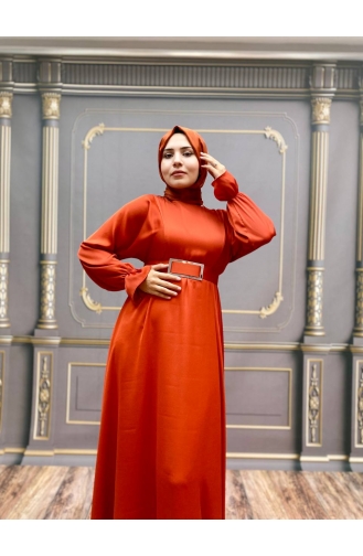Brick Red Hijab Evening Dress 8051-03