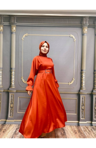 Brick Red Hijab Evening Dress 8051-03