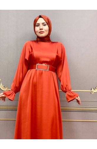 Brick Red Hijab Evening Dress 8051-03