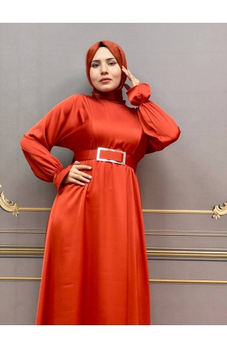 Brick Red Hijab Evening Dress 8051-03