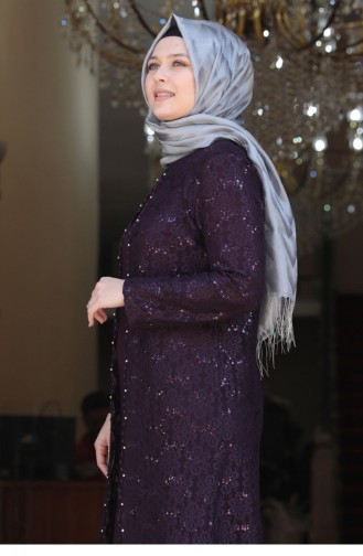 Amine Hüma Papatya Tesettür Abiye Elbise Mor