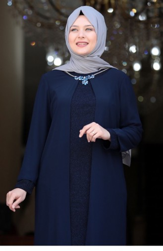 Navy Blue Hijab Evening Dress 1823