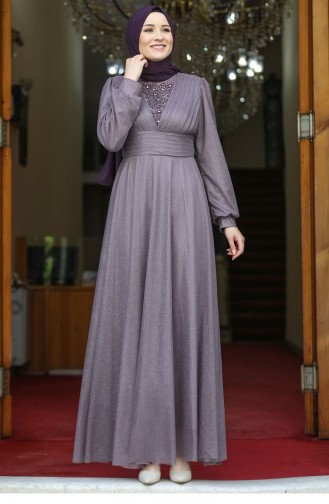 Lavender Color Hijab Evening Dress 2438