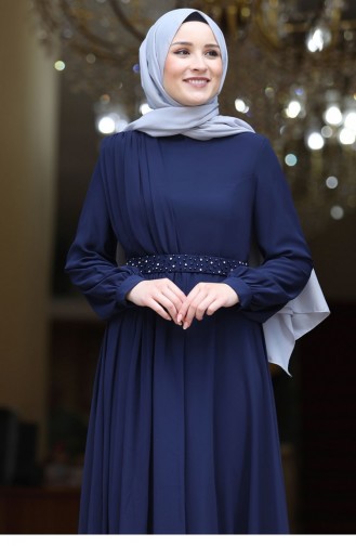 Navy Blue Hijab Evening Dress 2480