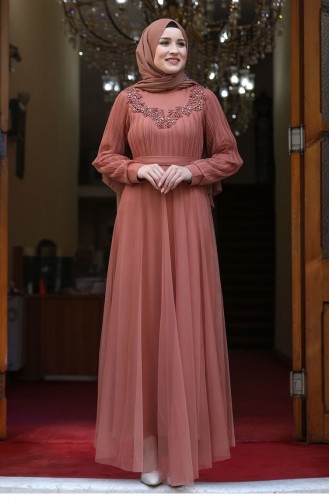 Cinnamon Color Hijab Evening Dress 2598