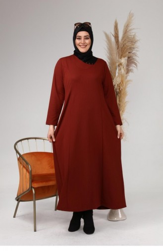 Kadın Büyük Beden Ay Yaka Kışlık Triko Elbise 8123 Kiremit