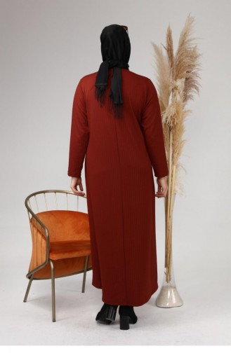 Kadın Büyük Beden Ay Yaka Kışlık Triko Elbise 8123 Kiremit