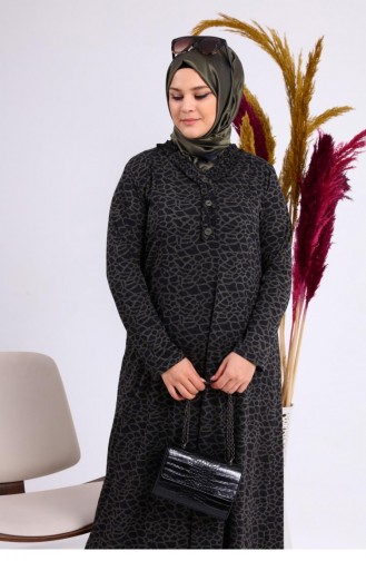 Kadın Büyük Beden Leopar Desenli Anne Elbisesi Kışlık 8143 Haki