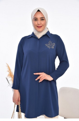 Kadın Büyük Beden Yaprak Baskılı Gömlek Tunik 8171 İndigo