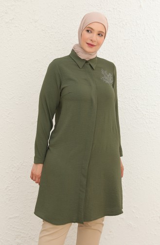 Women`s Large Size Leaf Printed Shirt Tunic 8171 Khaki 8171.Haki