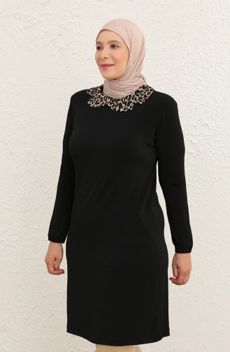 Kadın Siyah Yakası Taşlı Sandy Tiril Rahat Kesim Tunik 7001 Siyah