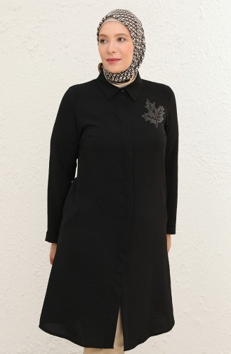 Women`s Large Size Leaf Printed Shirt Tunic 8171 Black 8171.siyah