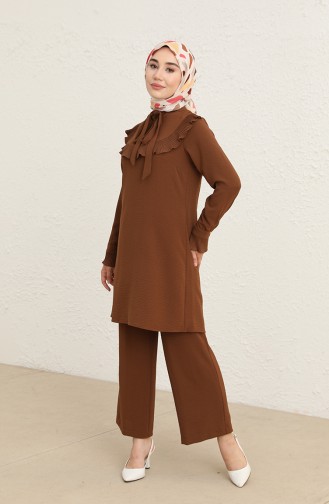 Aerobin Kumaş Piliseli Tunik Pantolon İkili Takım 2470-03 Taba