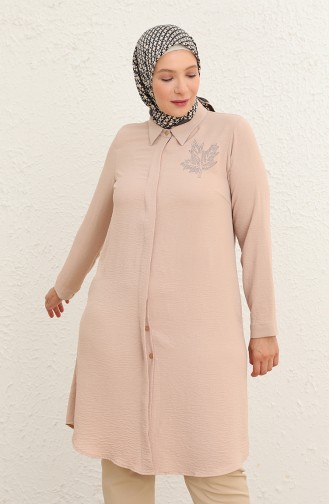 Kadın Büyük Beden Yaprak Baskılı Gömlek Tunik 8171 Taş
