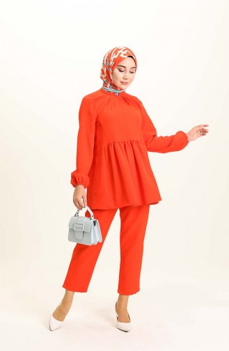 Beli Büzgülü Tunik Pantolon İkili Takım 0192-02 Turuncu