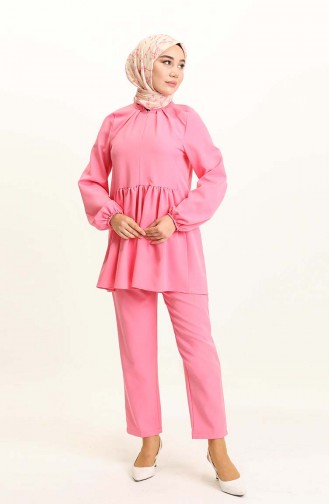 Beli Büzgülü Tunik Pantolon İkili Takım 0192-03 Pembe