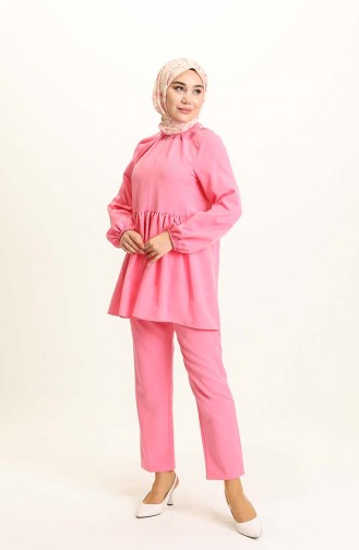 Beli Büzgülü Tunik Pantolon İkili Takım 0192-03 Pembe