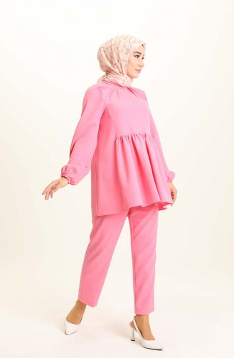 Beli Büzgülü Tunik Pantolon İkili Takım 0192-03 Pembe