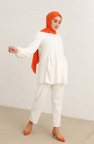 Beli Büzgülü Tunik Pantolon İkili Takım 0192-04 Beyaz