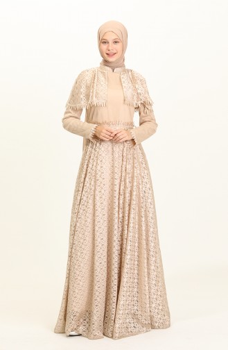 Beige Hijab Evening Dress 1023-01