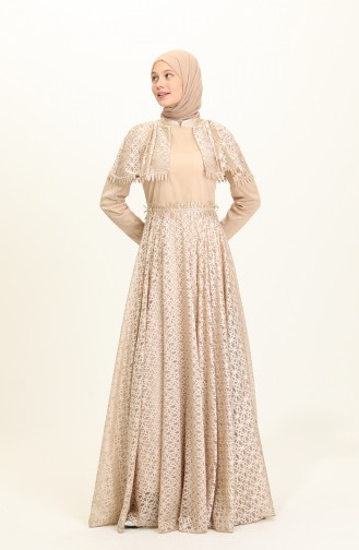 Beige Hijab Evening Dress 1023-01