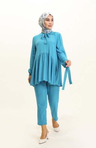 Büzgülü Tunik Pantolon İkili Takım 0199-03 Mavi