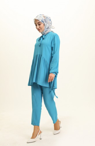 Büzgülü Tunik Pantolon İkili Takım 0199-03 Mavi