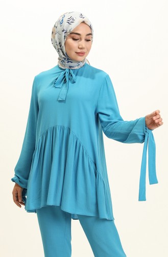 Büzgülü Tunik Pantolon İkili Takım 0199-03 Mavi
