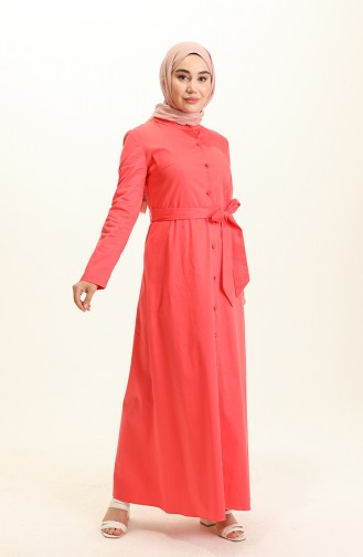 Boydan Düğmeli Kuşaklı Elbise 60283-01 Nar Çiçeği