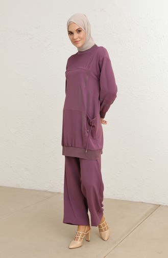 Aerobin Kumaş Taşlı Tunik Pantolon İkili Takım 2478-06 Lila