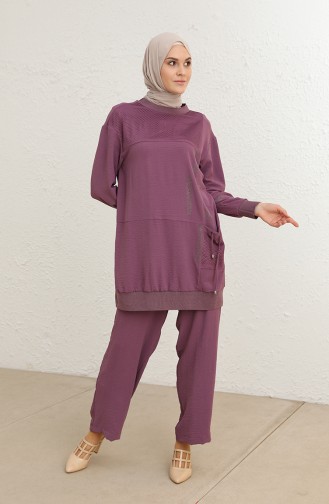 Aerobin Kumaş Taşlı Tunik Pantolon İkili Takım 2478-06 Lila