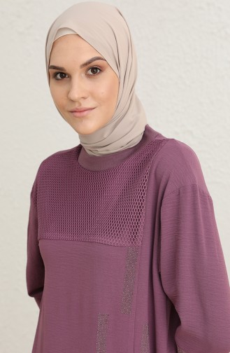 Aerobin Kumaş Taşlı Tunik Pantolon İkili Takım 2478-06 Lila