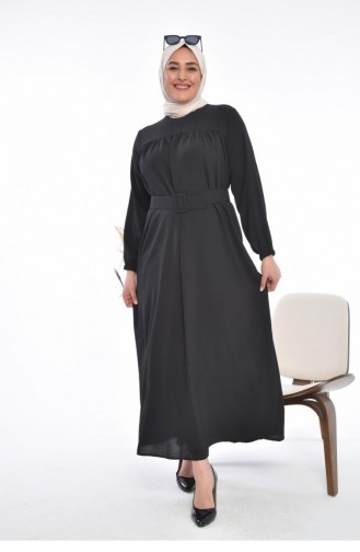 Kadın Büyük Beden Robalı Kemerli Elbise 8177 Siyah