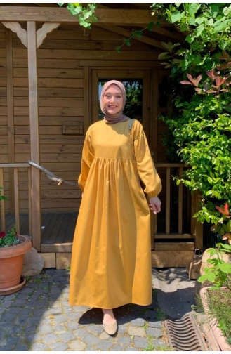 Ceylan Otantik Sarı Balon Kol Robalı Elbise 0006-01 Sarı