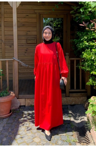 Ceylan Otantik Kırmızı Belden Robalı Elbise 0026-01 Kırmızı
