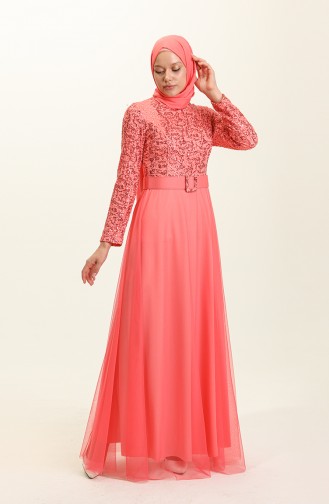 Coral Hijab Evening Dress 5353-17