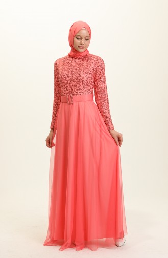 Coral Hijab Evening Dress 5353-17