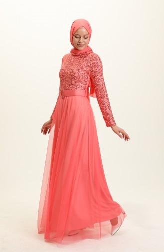 Coral Hijab Evening Dress 5353-17