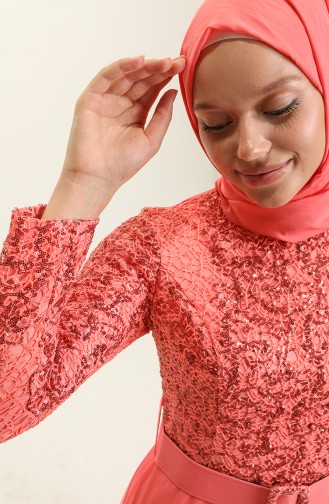 Coral Hijab Evening Dress 5353-17