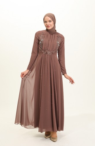 Dark Mink Hijab Evening Dress 5589-04
