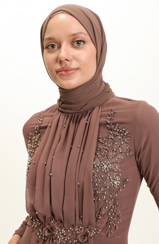 Boncuk İşlemeli Abiye Elbise 5589-04 Koyu Vizon