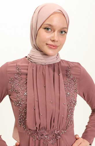 Boncuk İşlemeli Abiye Elbise 5589-03 Gül Kurusu