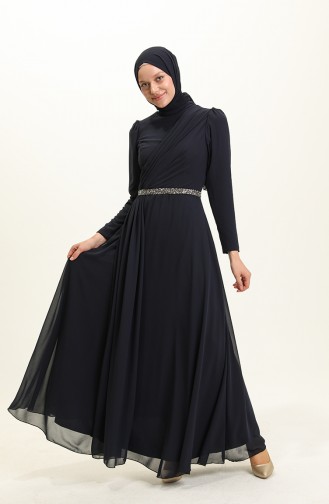 Navy Blue Hijab Evening Dress 5737-02