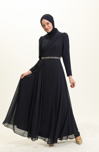 Navy Blue İslamitische Avondjurk 5737-02