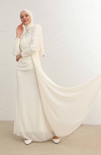 Ecru Hijab Evening Dress 5736-04