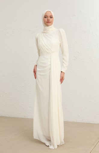 Ecru Hijab Evening Dress 5736-04